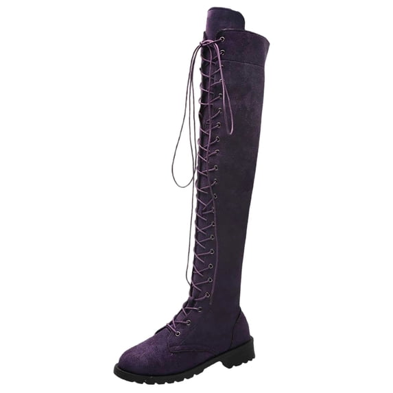 DeHolifer Women's Boots Plus-Size Round Toe Lace-Up Low-Heeled Comfortable Knee-High Boots