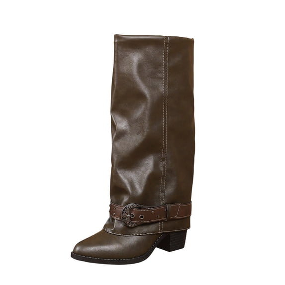 DeHolifer Women's Boots Studded Fold Over Chunky Heel Boots Cowboy Cowgirl Slouchy Pull On Boots