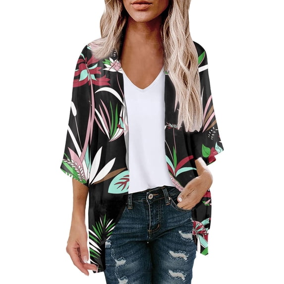 DeHolifer Women's Cardigan Floral Print Puff Sleeve Kimono Cardigan Loose Cover Up Casual Blouse Tops Multicolor S