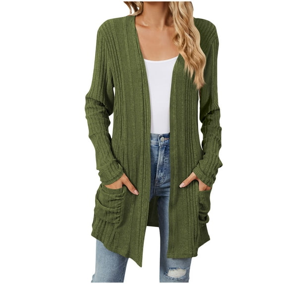 DeHolifer Women's Cardigans 2024 Fall Open Front Long Sleeve Knit Sweater Cardigan Loose Outerwear Coats with Pockets Army Green L