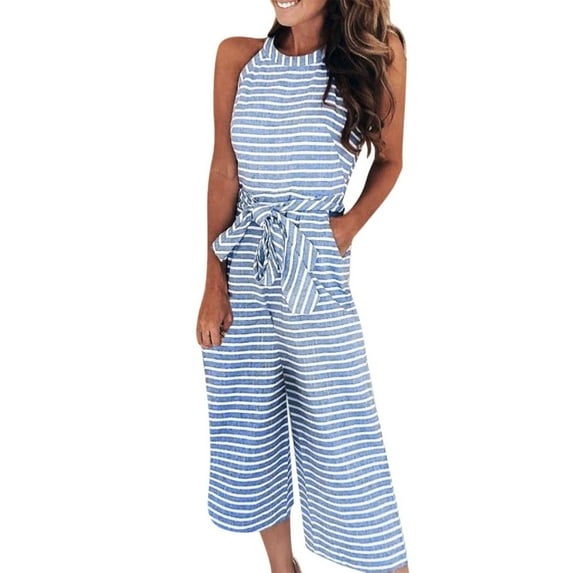QQAMB Women's Casual Jumpsuits & Rompers Summer Fashion Striped Print Sleeveless O-Neck Lacing Straight Pants Playsuit Blue S