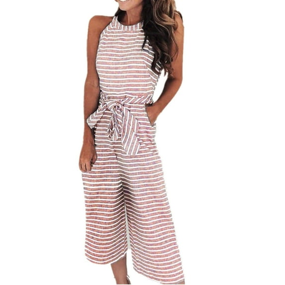 DeHolifer Women's Casual Jumpsuits & Rompers Summer Fashion Striped Print Sleeveless O-Neck Lacing Straight Pants Playsuit Pink L