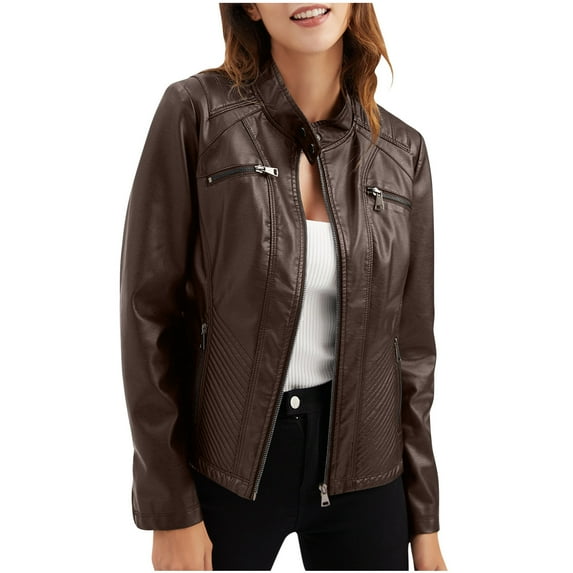 DeHolifer Women's Casual Leather Jacket Standing Collar Slim Fitting Outwear Zip up Moto Biker Jacket Coffee 3XL