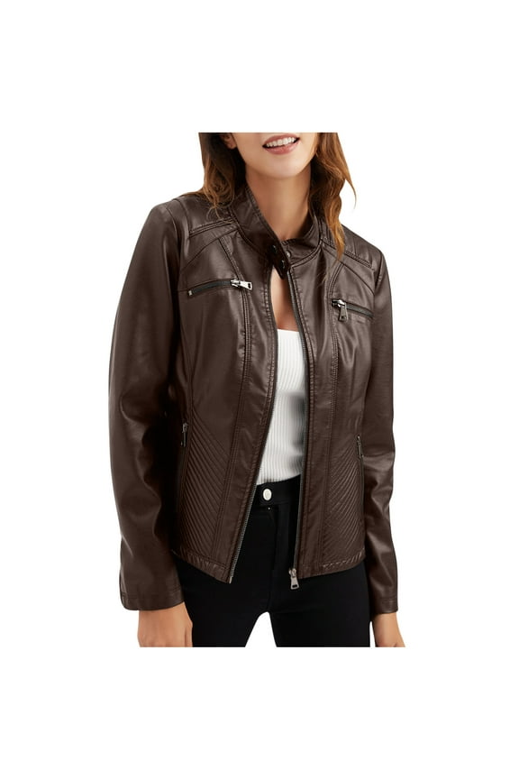 DeHolifer Women's Casual Leather Jacket Standing Collar Slim Fitting Outwear Zip up Moto Biker Jacket Coffee M