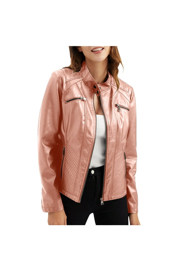 DeHolifer Women's Casual Leather Jacket Standing Collar Slim Fitting Outwear Zip up Moto Biker Jacket Pink L