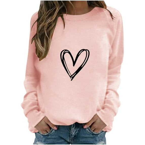 DeHolifer Women's Casual Solid Color Sweatshirts Long Sleeve Valentine's Day Print Sweater Fashion Round Neck Pullover Pink XL
