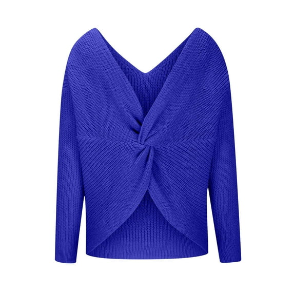 DeHolifer Women's Casual V Neck Criss Cross Backless Long Batwing Sleeve Loose Knitted Sweater Lazy Syle Pullovers Blue XL