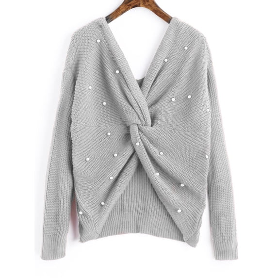 DeHolifer Women's Casual V Neck Criss Cross Backless Long Batwing Sleeve Loose Knitted Sweater Pearl Pullovers Gray L
