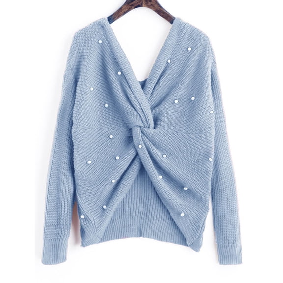DeHolifer Women's Casual V Neck Criss Cross Backless Long Batwing Sleeve Loose Knitted Sweater Pearl Pullovers Light Blue L