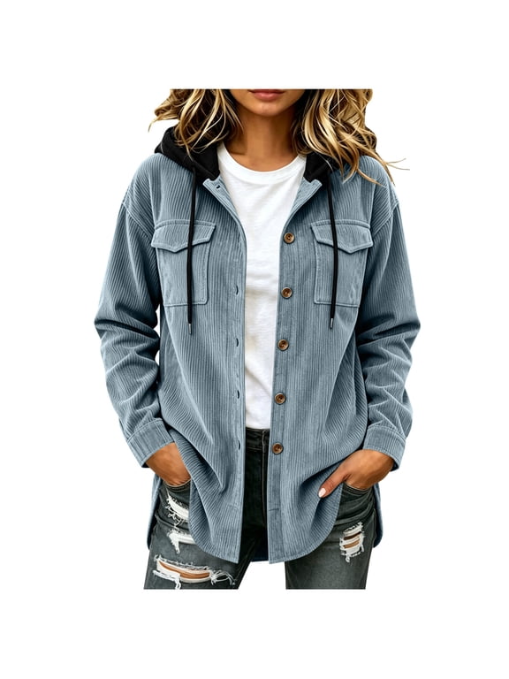 Women's Coat Casual Waffle Knit Shacket Jacket Loose Drawstring Button Down Shacket Top Light Blue L