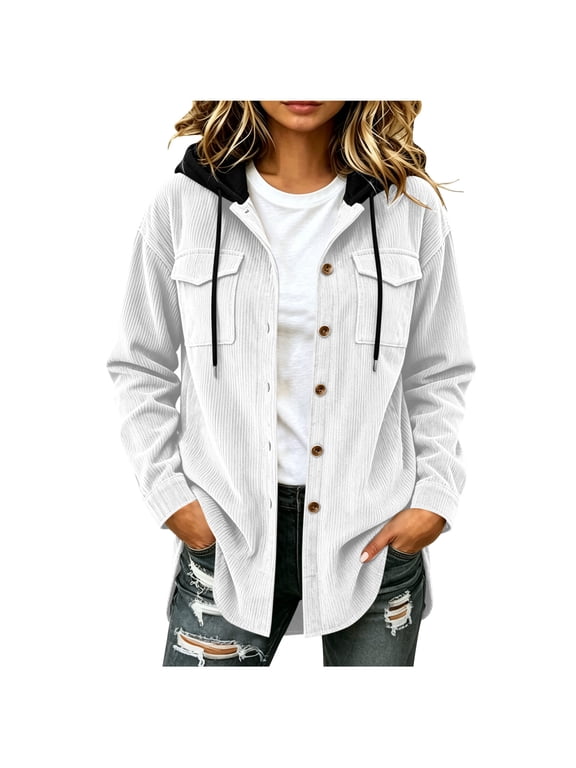 Women's Coat Casual Waffle Knit Shacket Jacket Loose Drawstring Button Down Shacket Top White XL