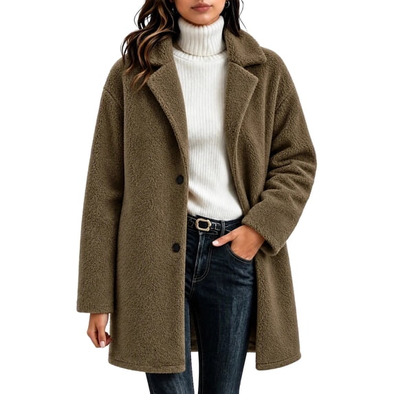 DeHolifer Women's Coat Plus Size Fleece Lapel Button Down Solid Color Mid-Length Winter Warm Outwear Brown