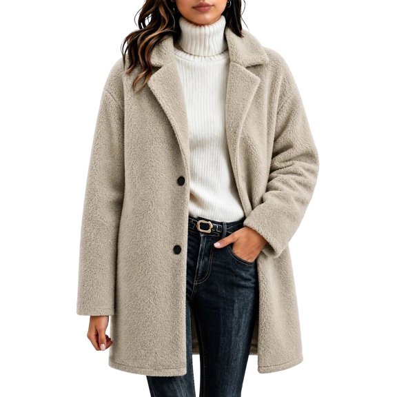 DeHolifer Women's Coat Plus Size Fleece Lapel Button Down Solid Color Mid-Length Winter Warm Outwear Khaki