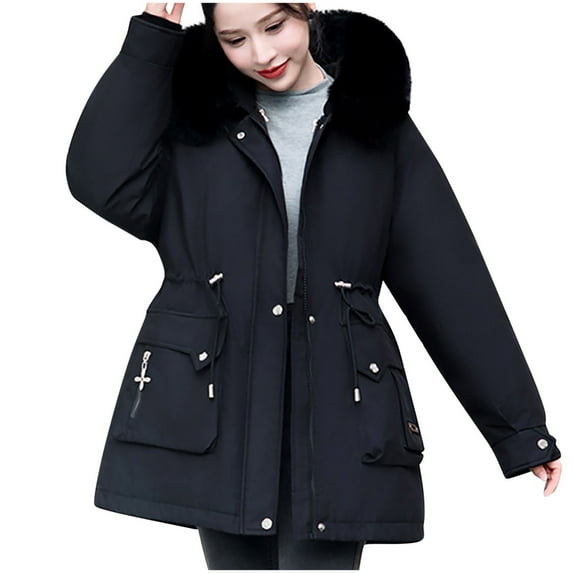 DeHolifer Women's Cotton Coat Plus Size Solid Color Zipper Long Sleeve Comfy Winter Warm Hoodies Down Coat Black 3XL