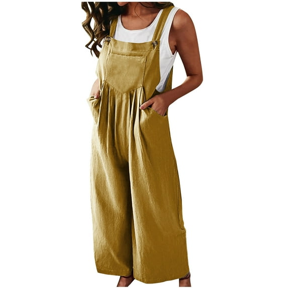 DeHolifer Women's Cotton Linen Overalls Casual Summer Solid Jumper Tie Straps Bib Baggy Wide Leg Side Button Jumpsuits with Pockets Yellow L