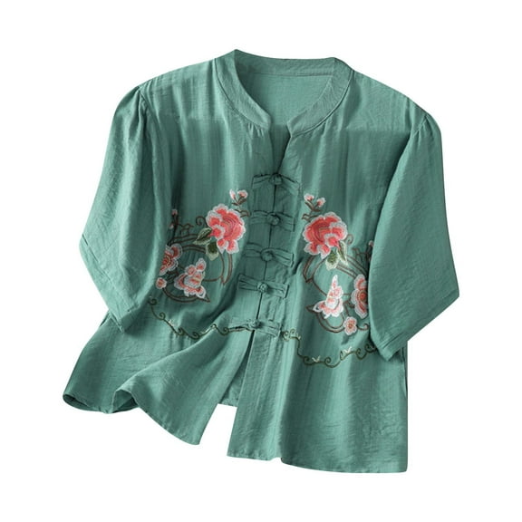 DeHolifer Women's Cotton Linen Tops Embroidered Button Lace Up Blouse V-Neck Short Sleeve Shirts Tops Green XL