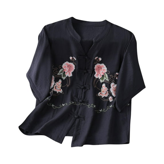 QQAMB Women's Cotton Linen Tops Embroidered Button Lace Up Blouse V-Neck Short Sleeve Shirts Tops Navy 2XL