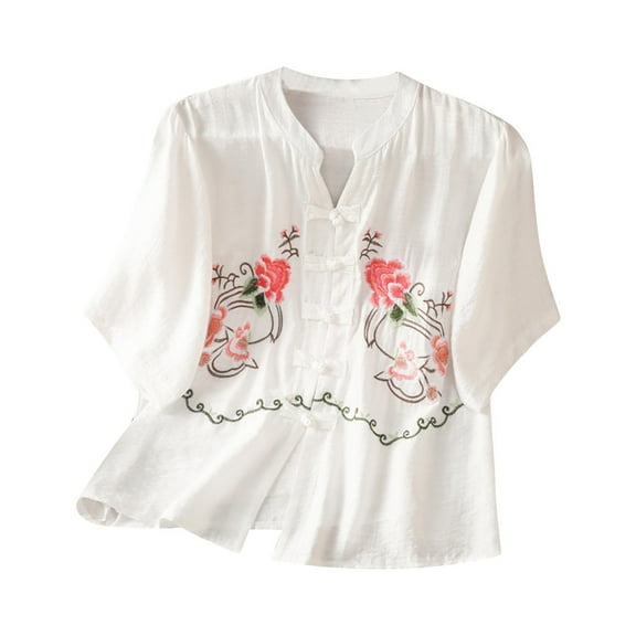 QQAMB Women's Cotton Linen Tops Embroidered Button Lace Up Blouse V-Neck Short Sleeve Shirts Tops White 2XL