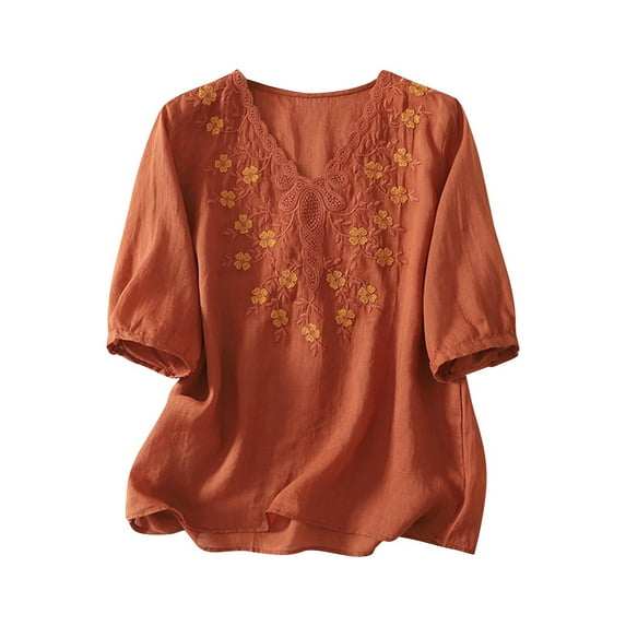QQAMB Women's Cotton Linen Tops Embroidered Lightweight Loose Blouse V-Neck Half Sleeve Shirts Tops Red XL