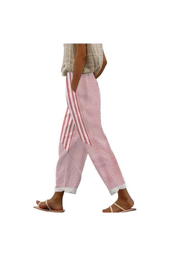 Women's Cotton Pants Woven Casual Strip Printed Elastic Waisted Wide Leg Full Length Pants with Pocket Pink XL