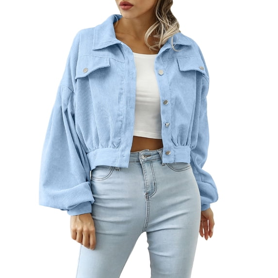 DeHolifer Women's Cropped Shacket Button Down Lapel Long Sleeve Corduroy Crop Jacket Light Blue L