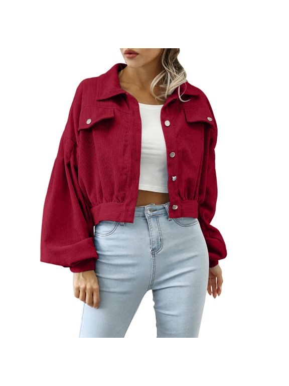 Women's Cropped Shacket Button Down Lapel Long Sleeve Corduroy Crop Jacket Wine M
