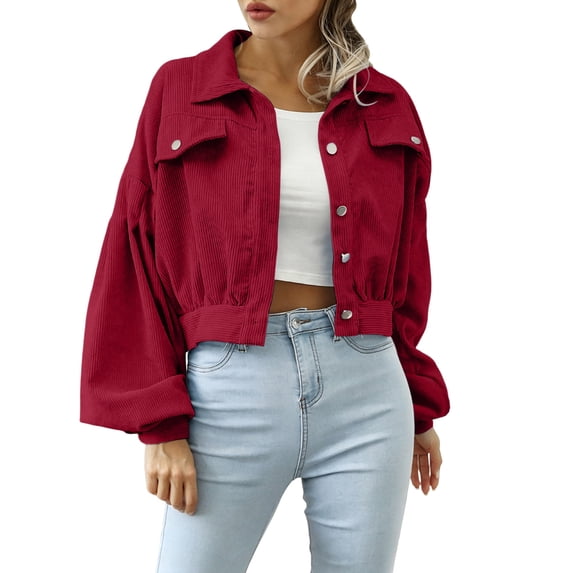 DeHolifer Women's Cropped Shacket Button Down Lapel Long Sleeve Corduroy Crop Jacket Wine XL