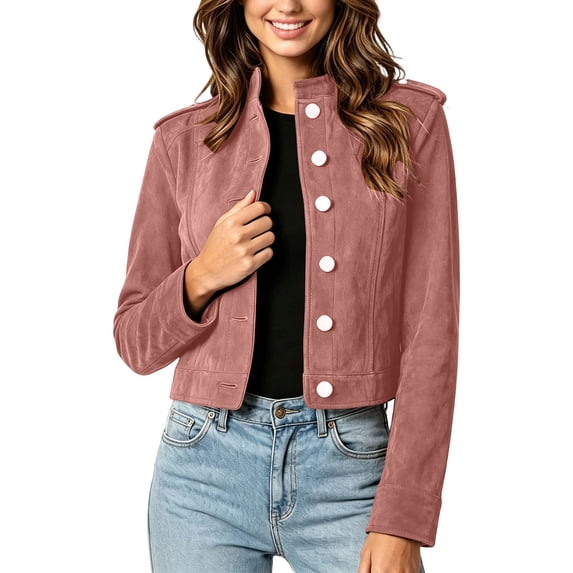 DeHolifer Women's Denim Jacket Collarless Solid Color Button Down Cropped Length Casual Jean Jacket Pink L
