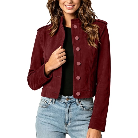 DeHolifer Women's Denim Jacket Collarless Solid Color Button Down Cropped Length Casual Jean Jacket Wine L