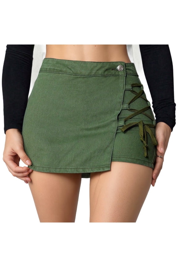 Women's Denim Skort High Waisted Wrap Lace-Up Mini Jean Skort for Trendy Green 27
