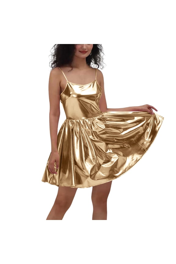 Women's Dreeses Spaghetti Straps Metallic Dress Swing Party Clubwear Shinny Mini Dancewear High Waist Skater Dresses Gold L
