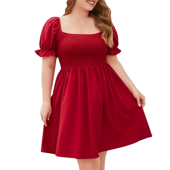 QQAMB Women's Dress Plus Size Square Neck High Waist Solid Color Short Sleeve Summer Casual Long Dresses Red 3XL