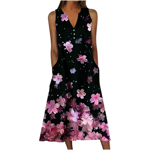 DeHolifer Women's Dress Plus Size Summer Floral Casual Midi Sundress Sleeveless V-Neck Long Tank Dresses with Pockets Multicolor L