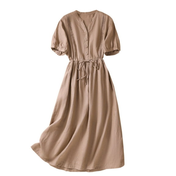 DeHolifer Women's Dress V-Neck Button Solid Color Elastic Waist DressHalf Sleeve Cotton Linen Dress Coffee M