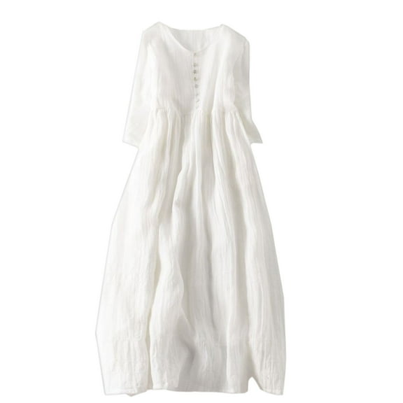 DeHolifer Women's Dress V-Neck Button Solid Color Elastic Waist DressHalf Sleeve Cotton Linen Dress White 2XL