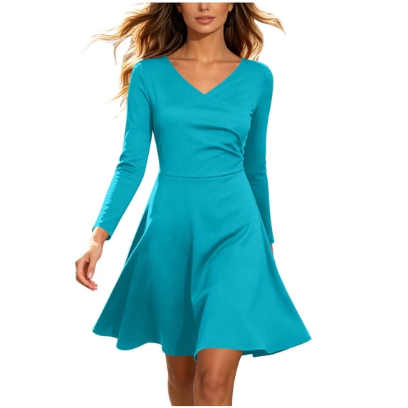 DeHolifer Women's Dress V-Neck Long Sleeve Solid Color Flowy Casual A-Line Dresses Green M