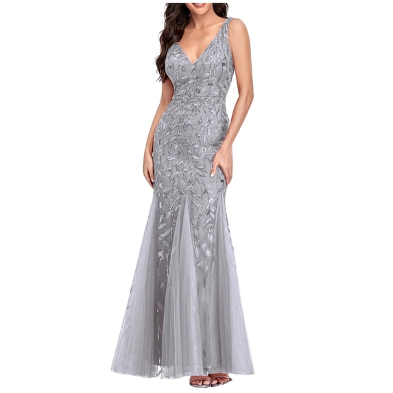DeHolifer Women's Dresses Deep V-Neck Sequin Lace Sleeveless Mesh Patchwork Evening Party Maxi Dress Gray 2XL
