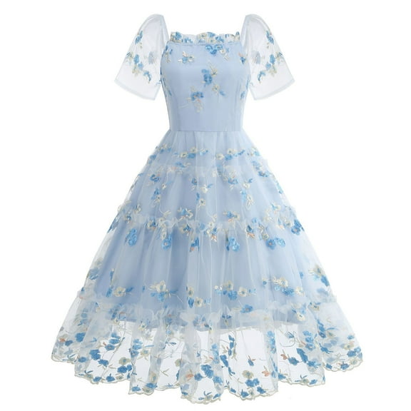 QQAMB Women's Dresses Mesh Square Neck Embroidered Floral Printed Cake Dress Short Sleeve Swing Party Dresses Light Blue XL