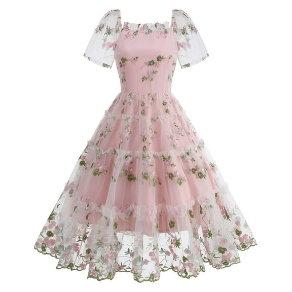 QQAMB Women's Dresses Mesh Square Neck Embroidered Floral Printed Cake Dress Short Sleeve Swing Party Dresses Pink M
