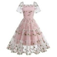 thumbnail image 1 of QQAMB Women's Dresses Mesh Square Neck Embroidered Floral Printed Cake Dress Short Sleeve Swing Party Dresses Pink XL, 1 of 7