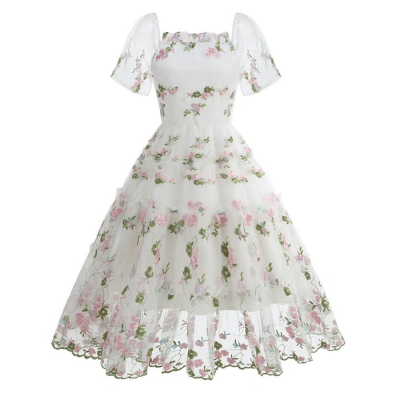 QQAMB Women's Dresses Mesh Square Neck Embroidered Floral Printed Cake Dress Short Sleeve Swing Party Dresses White L