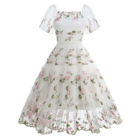 QQAMB Women's Dresses Mesh Square Neck Embroidered Floral Printed Cake Dress Short Sleeve Swing Party Dresses White XL