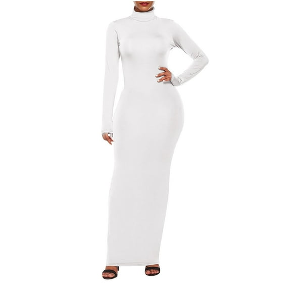QQAMB Women's Dresses Plus Size Turtleneck Solid Color Long Sleeve Elastic Waisted Extra Long Dresses White 3XL