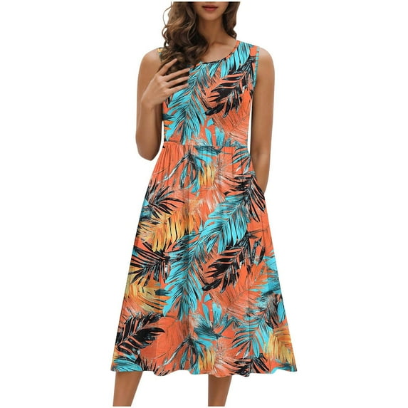 DeHolifer Women's Dresses Summer Crewneck Sleeveless Floral Printed A-Line Beach Casual Sundresses Blue XL