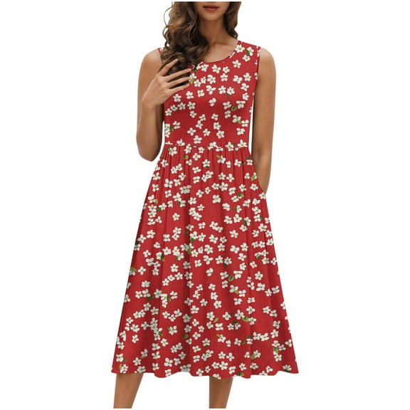 DeHolifer Women's Dresses Summer Crewneck Sleeveless Floral Printed A-Line Beach Casual Sundresses Red 2XL