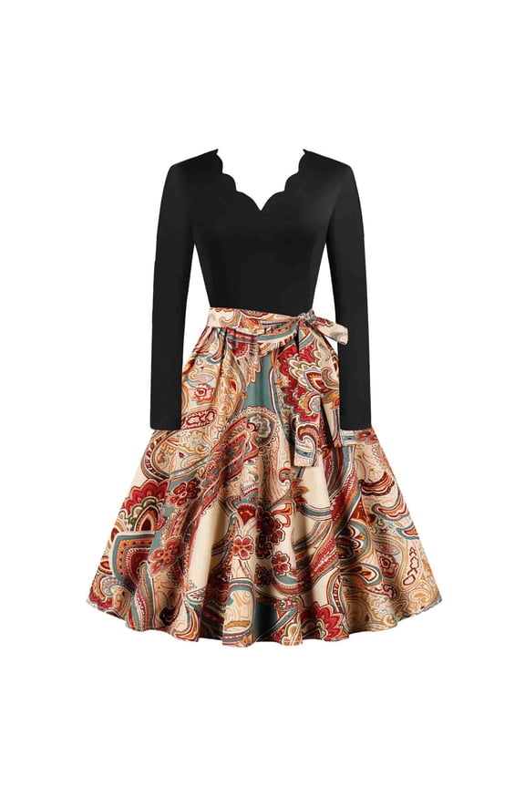 DeHolifer Women's Dresses Vintage 1950s 3/4 Sleeve V-Neck Floral Flared A-Line Swing Casual Cocktail Party Dresses Gold M