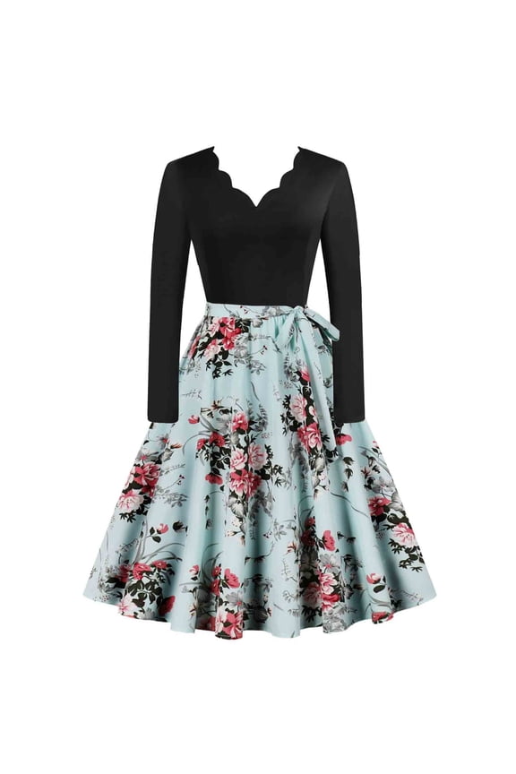 DeHolifer Women's Dresses Vintage 1950s 3/4 Sleeve V-Neck Floral Flared A-Line Swing Casual Cocktail Party Dresses Light Blue 2XL