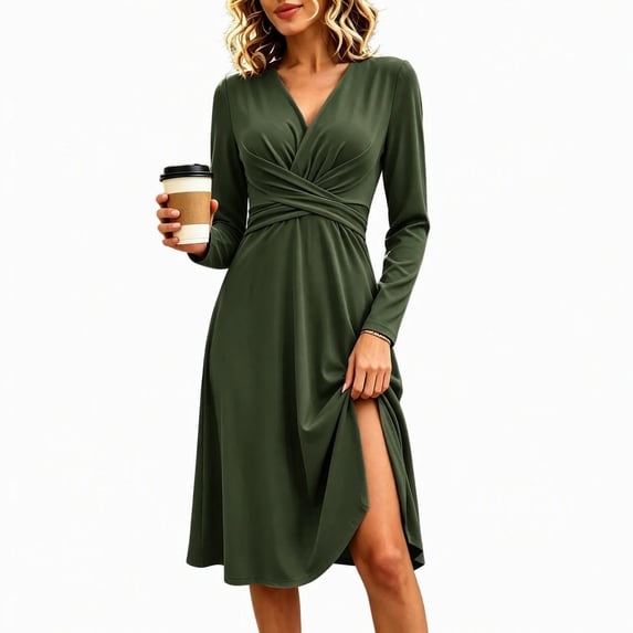 DeHolifer Women's Dresses Wrap V-Neck Solid Color Long Sleeve Elastic ...