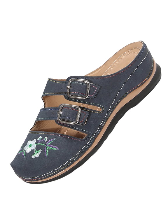 DeHolifer Women's Dressy Wedge Flat Sandals Round Open Toe Boho Slides Arch Support Summer Beach Comfortable Shoes Flats Sandal
