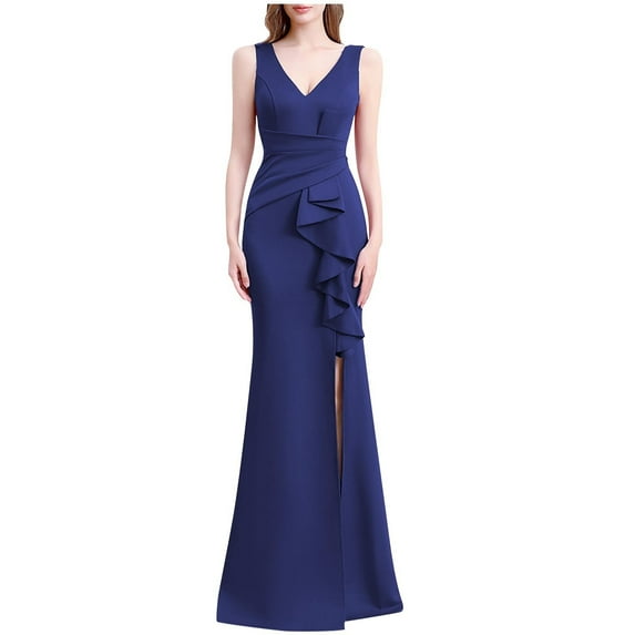 DeHolifer Women's Evening Dresses Sleeveless Deep V-Neck Solid Color Pleated Loose A-Line Evening Cocktail Long Dress Navy M